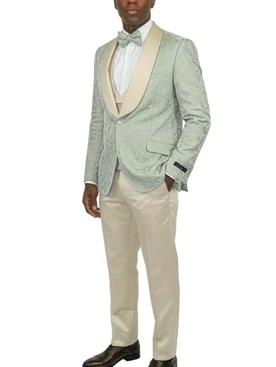 Sage Jacquard Wide Shawl Lapel 3 Piece Skinny Fit Fashion Men's Suit - Picture 3 of 3